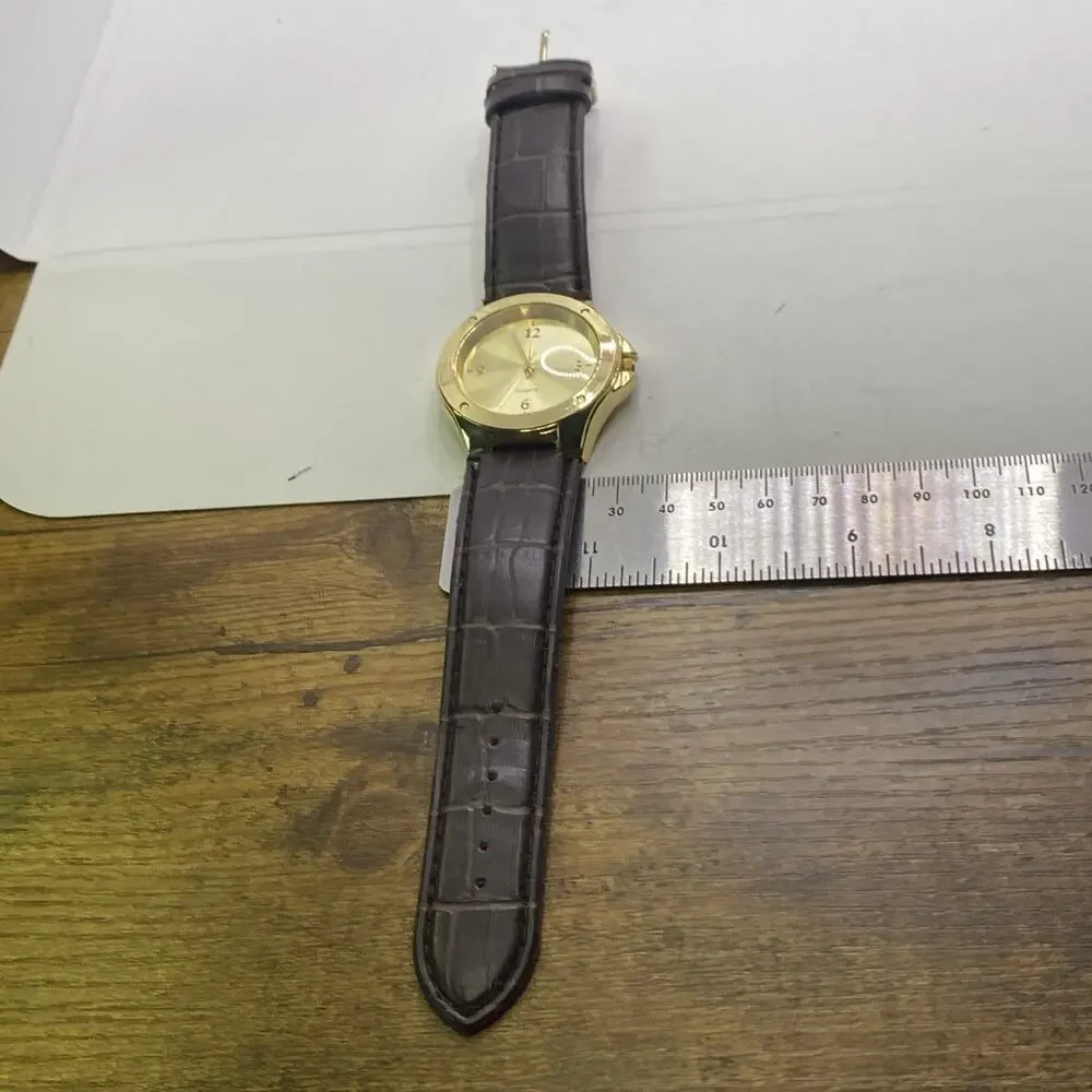 Mens Gold Tone Brown Leather Watch New Battery